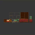 Vintage Colorful Furniture Collection With Wooden Desk Bookshelf Red Checkered Sofa And Chairs