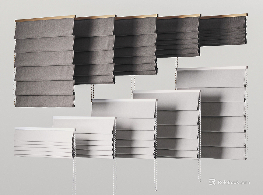 Modern Roman Blinds In Grey And White Fabric With Pleated Design For Home Windows 3d model 