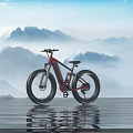 Red Electric Mountain Bike Parked On Water Surface With Scenic Mountain Reflection