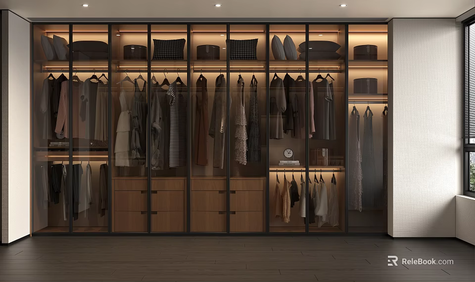 Modern Glass Door Wardrobe Interior Design With Hanging Clothes Drawers And Storage Compartments 3d model 