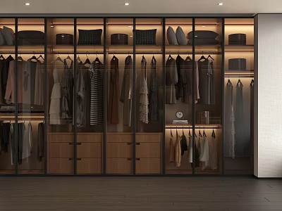 Modern Glass Door Wardrobe Interior Design With Hanging Clothes Drawers And Storage Compartments 3d model
