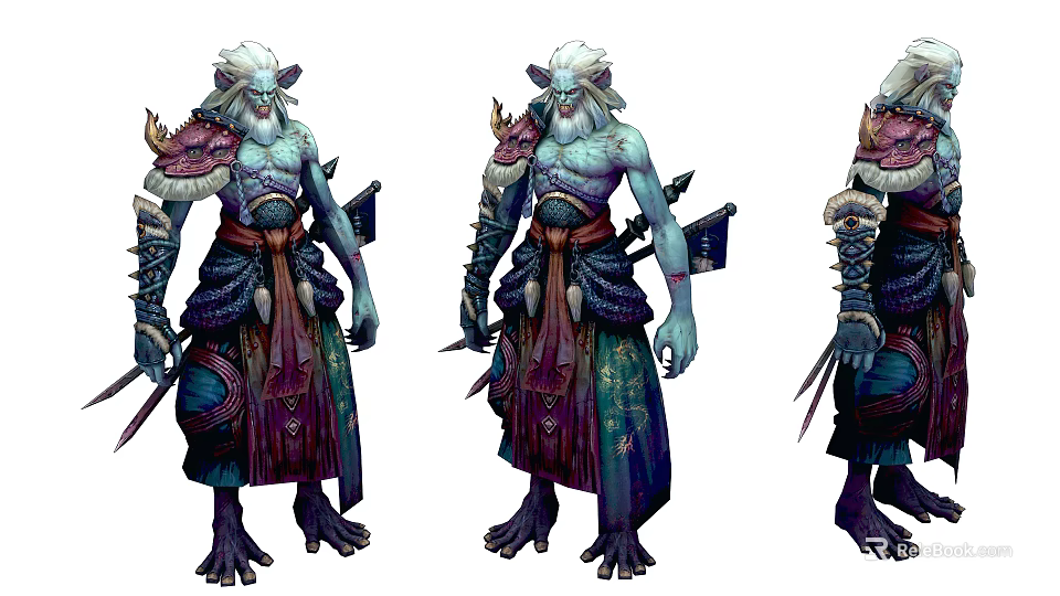 Game Fantasy Character With Blue Green Skin White Hair And Warrior Armor Design 3d model 