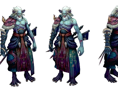 Game Fantasy Character With Blue Green Skin White Hair And Warrior Armor Design 3d model