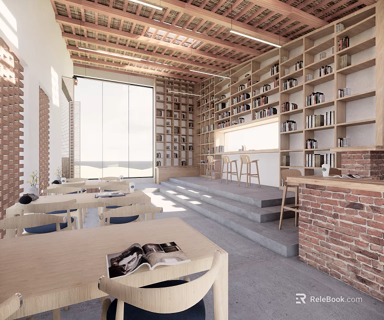 Book Art Interior Design With Wooden Bookshelves Brick Walls Tables And Chairs 3d model 