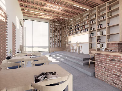 Book Art Interior Design With Wooden Bookshelves Brick Walls Tables And Chairs 3d model