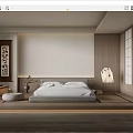 Tatami Bedroom Interior with Wooden Walls Decorative Scroll and Minimalist Floor Lamp