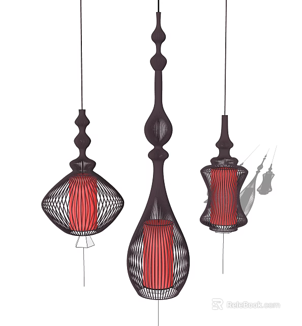 Modern Red And Black Woven Chandeliers With Teardrop And Lantern Shapes Hanging Design 3d model 