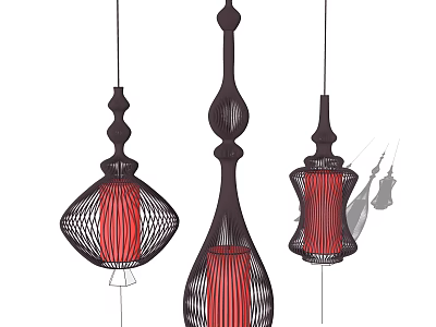 Modern Red And Black Woven Chandeliers With Teardrop And Lantern Shapes Hanging Design 3d model
