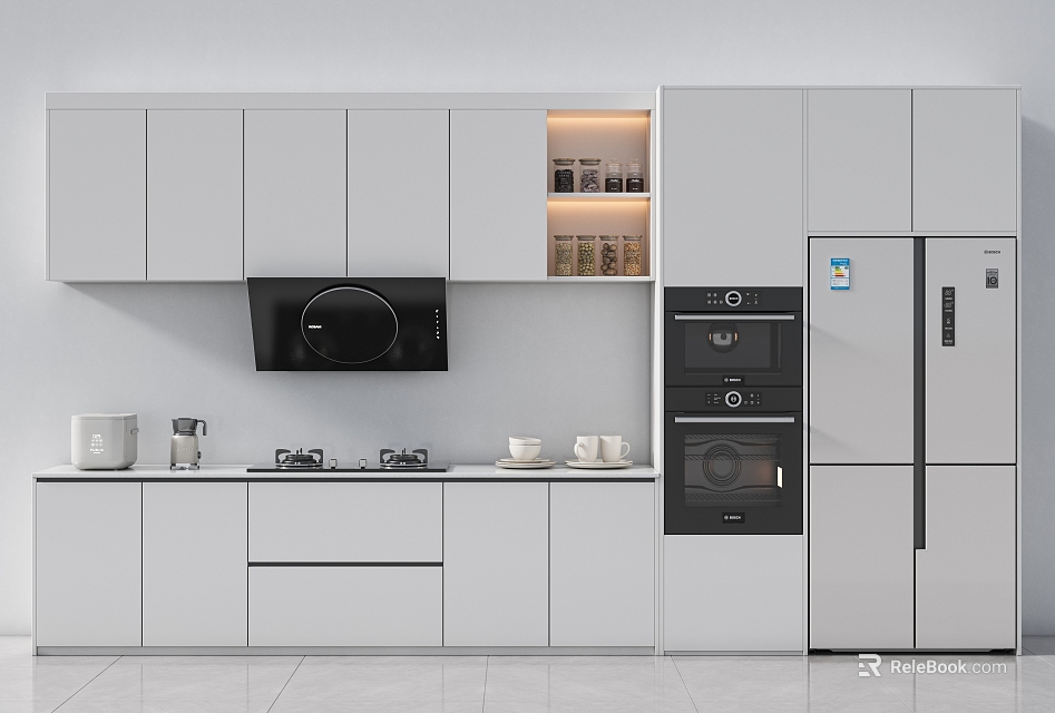 Modern Kitchen Interior Design With White Cabinets Countertop And Appliances 3d model 