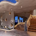 Unique Restaurant Interior Design With Cave Like Ceiling Blue Art Bar Counter And Black Stools
