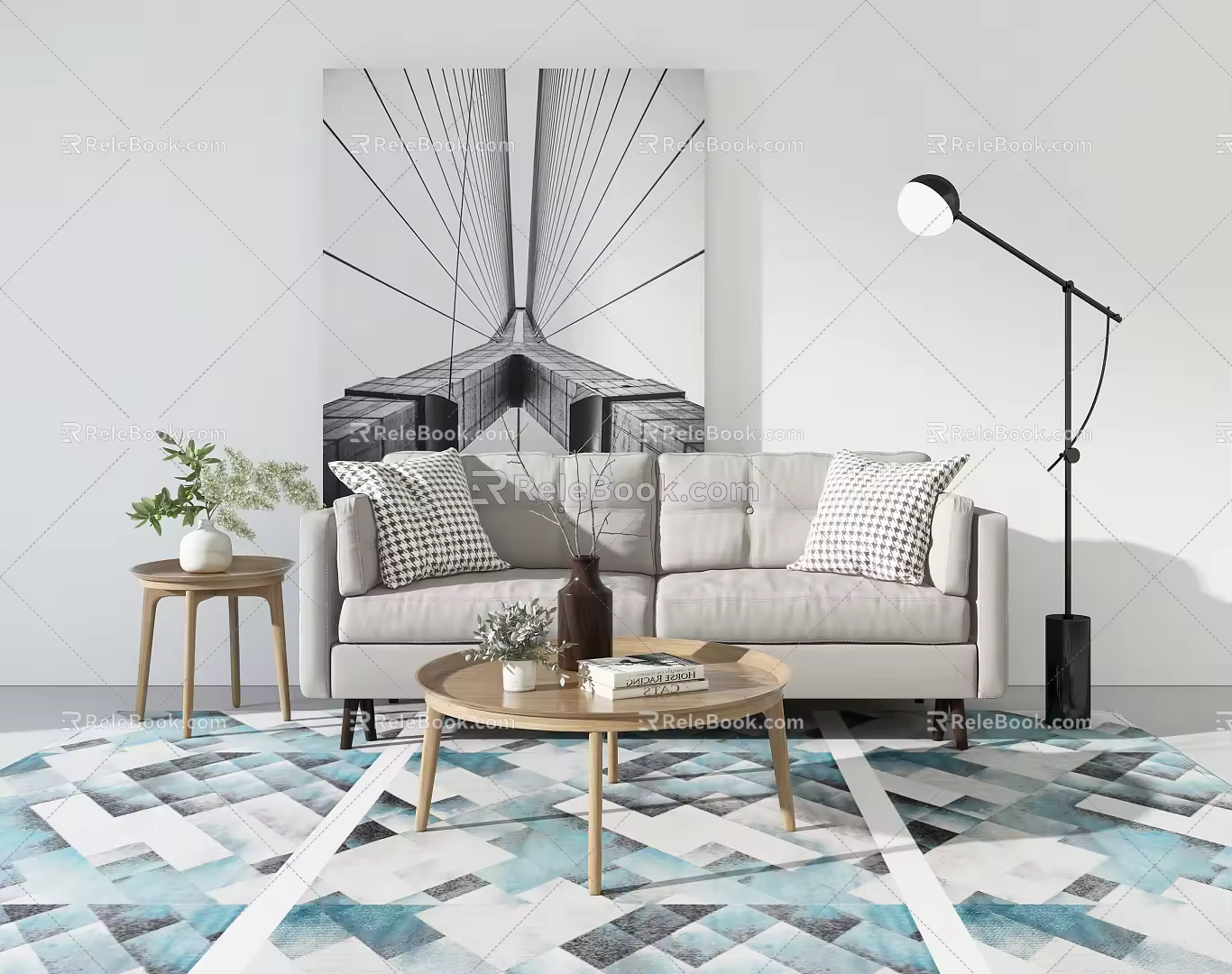 Nordic Double Sofa Coffee Table Combination 3d model