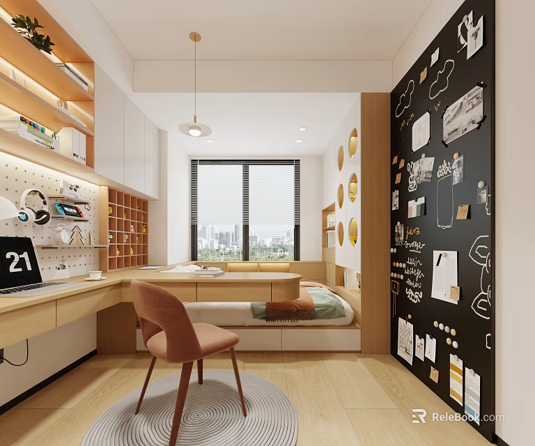 Modern Tatami Bedroom With Desk Chair Storage Shelves Decorative Wall And City View Window 3d model 