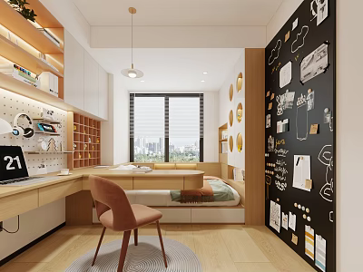 Modern Tatami Bedroom With Desk Chair Storage Shelves Decorative Wall And City View Window 3d model