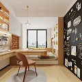 Modern Tatami Bedroom With Desk Chair Storage Shelves Decorative Wall And City View Window