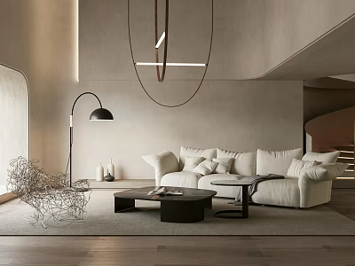 Modern Living Room Interior Design With White Sofa Black Coffee Tables And Hanging Pendant Lights 3d model