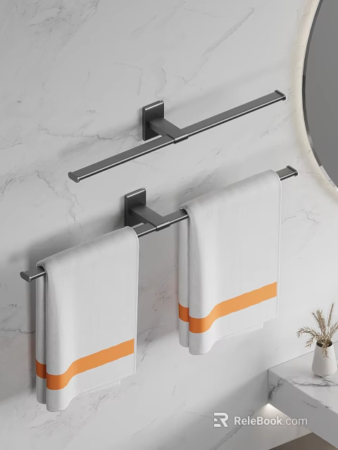 Modern Bathroom Towel Racks With White Towels And Orange Stripes On Marble Wall 3d model 