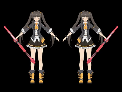 Anime Game Female Character with Twin Ponytails Black White Outfit Yellow Boots Red Sword 3d model