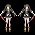 Anime Game Female Character with Twin Ponytails Black White Outfit Yellow Boots Red Sword