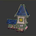 Fairy Tale Style Pink Building Featuring Blue Roof Pointed Tower Yellow Window And Porch Plants