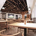 Cozy Restaurant Interior With Wooden Tables Chairs Branch Like Ceiling And Lantern Pendant Lights