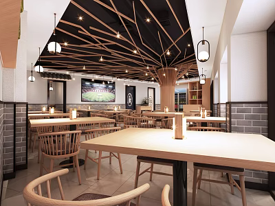 Cozy Restaurant Interior With Wooden Tables Chairs Branch Like Ceiling And Lantern Pendant Lights 3d model