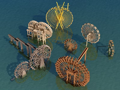 Garden Ornaments Featuring Various Decorative Water Wheels In Pond Setting 3d model