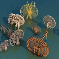 Garden Ornaments Featuring Various Decorative Water Wheels In Pond Setting