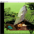 Glasshouse Garden Interior With Green Wall Table Chairs Hanging Lamp And Lush Green Plants