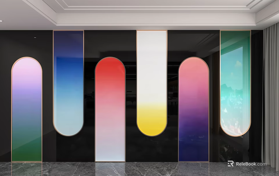Modern Colorful Gradient Glass Background Wall with Arched Panels Black Frames and Marble Floor 3d model 