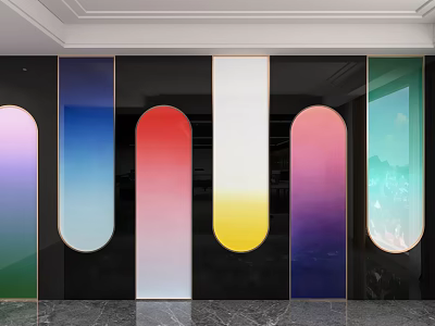 Modern Colorful Gradient Glass Background Wall with Arched Panels Black Frames and Marble Floor 3d model