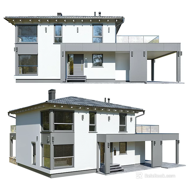 Modern Detached Villa Exterior Design With White Gray Facade And Balcony 3d model 