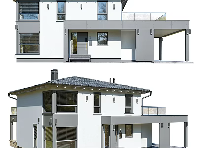 Modern Detached Villa Exterior Design With White Gray Facade And Balcony 3d model