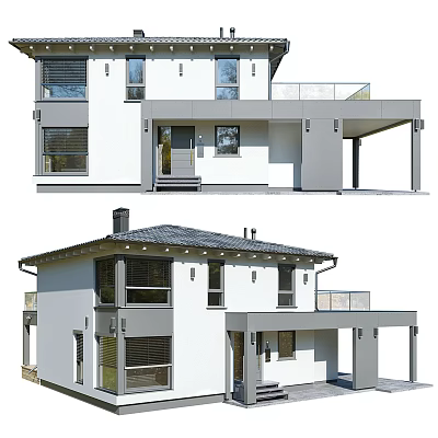 Modern Detached Villa Exterior Design With White Gray Facade And Balcony 3d model