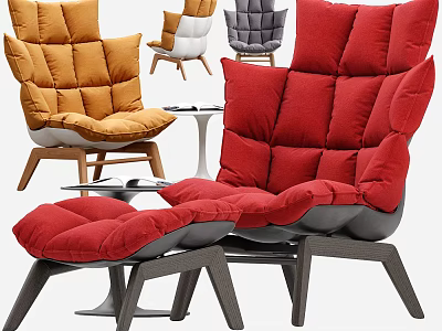 Modern Lounge Chairs With Red Orange Gray Colors Plush Cushions Wooden Legs And Ottoman 3d model