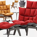 Modern Lounge Chairs With Red Orange Gray Colors Plush Cushions Wooden Legs And Ottoman