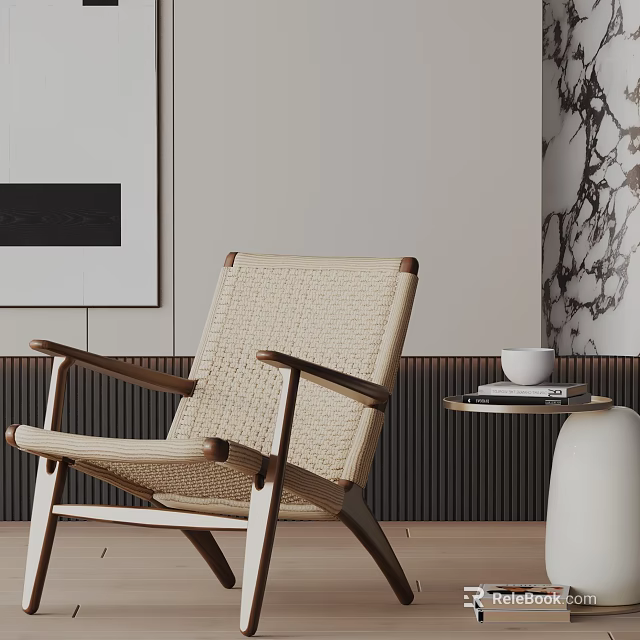 Stylish Wicker Lounge Chair With Wooden Armrests And Side Table In Modern Interior 3d model 