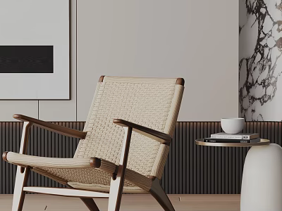 Stylish Wicker Lounge Chair With Wooden Armrests And Side Table In Modern Interior 3d model