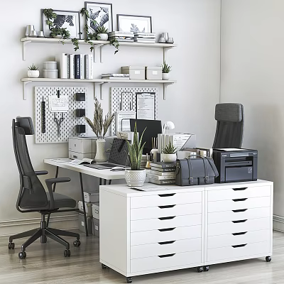 Modern Office Desk Setup With Black Chairs White Cabinets Potted Plants And Office Supplies 3d model