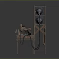 Vintage Industrial Functional Workbench with Wooden Support Frame Metal Cylinders Red Grinder and Black Hoses