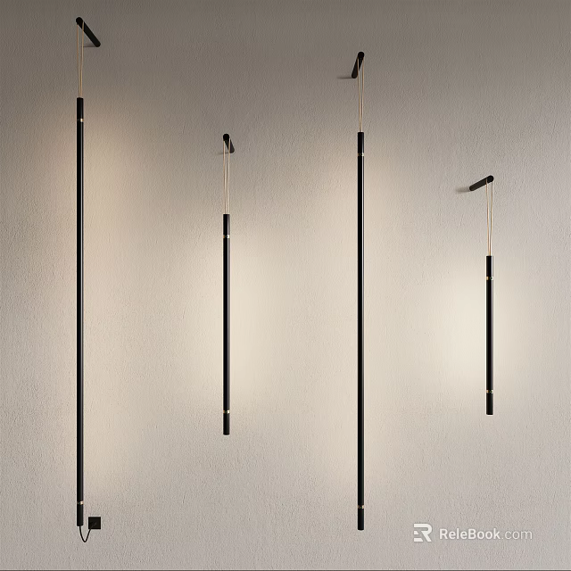 Modern Slim Black Metal Wall Lamps Illuminated on White Textured Wall 3d model 