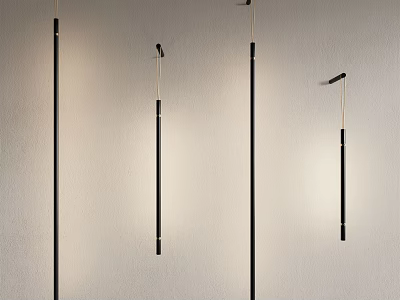 Modern Slim Black Metal Wall Lamps Illuminated on White Textured Wall 3d model
