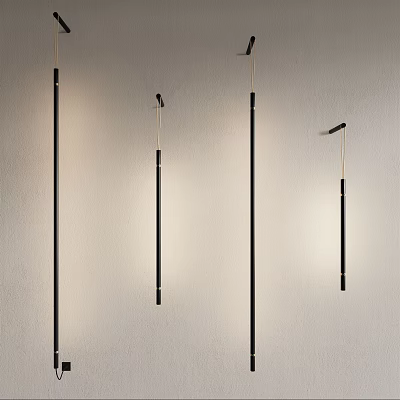 Modern Slim Black Metal Wall Lamps Illuminated on White Textured Wall 3d model