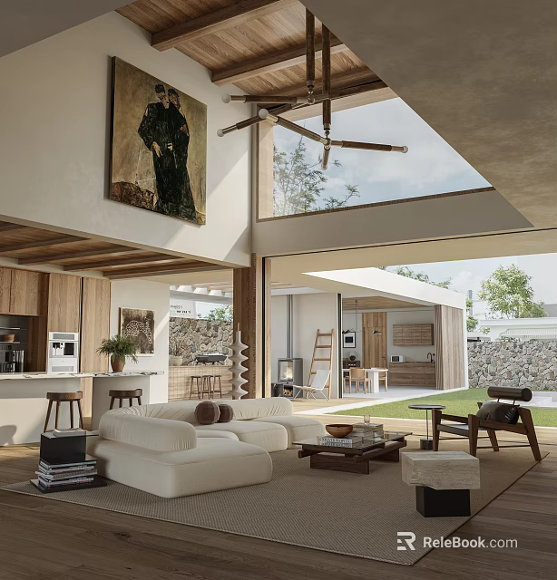 Duplex Living Room Interior With White Sofa Wooden Beams Skylight And Outdoor View 3d model 