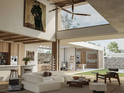 Duplex Living Room Interior With White Sofa Wooden Beams Skylight And Outdoor View 3d model