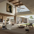 Duplex Living Room Interior With White Sofa Wooden Beams Skylight And Outdoor View