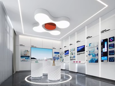 Modern Electronics Showroom With White Walls Multiple Screens Central Podiums And Ceiling Light Fixture 3d model