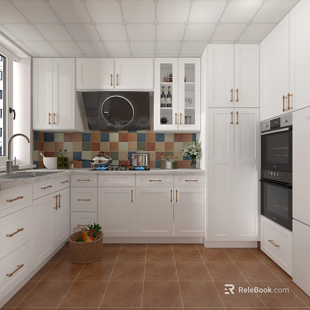 Modern White Kitchen Interior With Colorful Tile Backsplash Brass Handles And Oven 3d model 