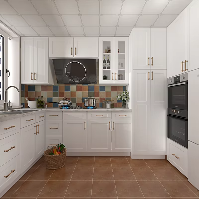 Modern White Kitchen Interior With Colorful Tile Backsplash Brass Handles And Oven 3d model