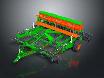 Green And Orange Agricultural Seeder With Heavy Duty Frame And Wheels 3d model