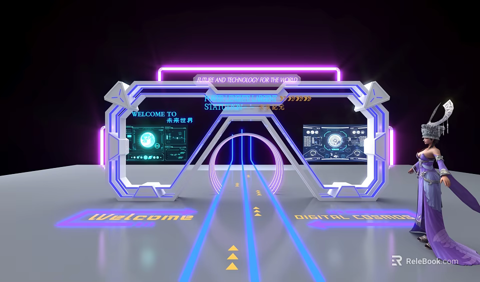 Futuristic Digital Entrance With Neon Lights Welcome Display And Tech Screens 3d model 